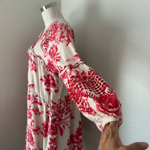 Anthropologie Red Cream Floral V-Neck Long Sleeve Tiered Dress Embroidered M - Picture 7 of 16